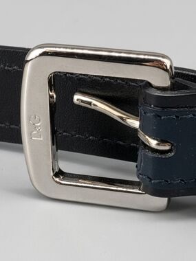 D&G  Black Leather Belt with Silver Buckle and Navy Loop